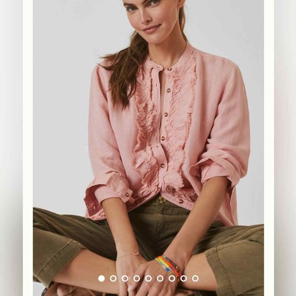 Pilcro Anthropologie Peachy Pink Placket Linen Ruffle Button Down Blouse Small - Picture 8 of 8